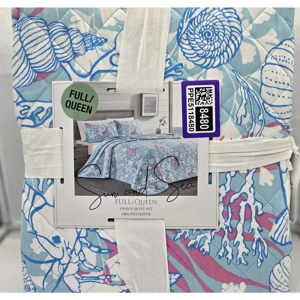 SUN and SEA 3 Pc QUEEN Quilt Set Seashells Fish Corals NEW Ocean Lake Coastal Gr